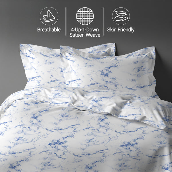 Carrara Marble Blue double size cotton duvet cover set by Pizuna Linens breathable skin friendly sateen weave