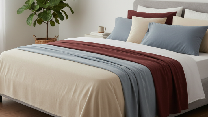 Modern bedroom featuring Pizuna Linens sheets and pillowcases styled in coordinated 2025 colour palette.