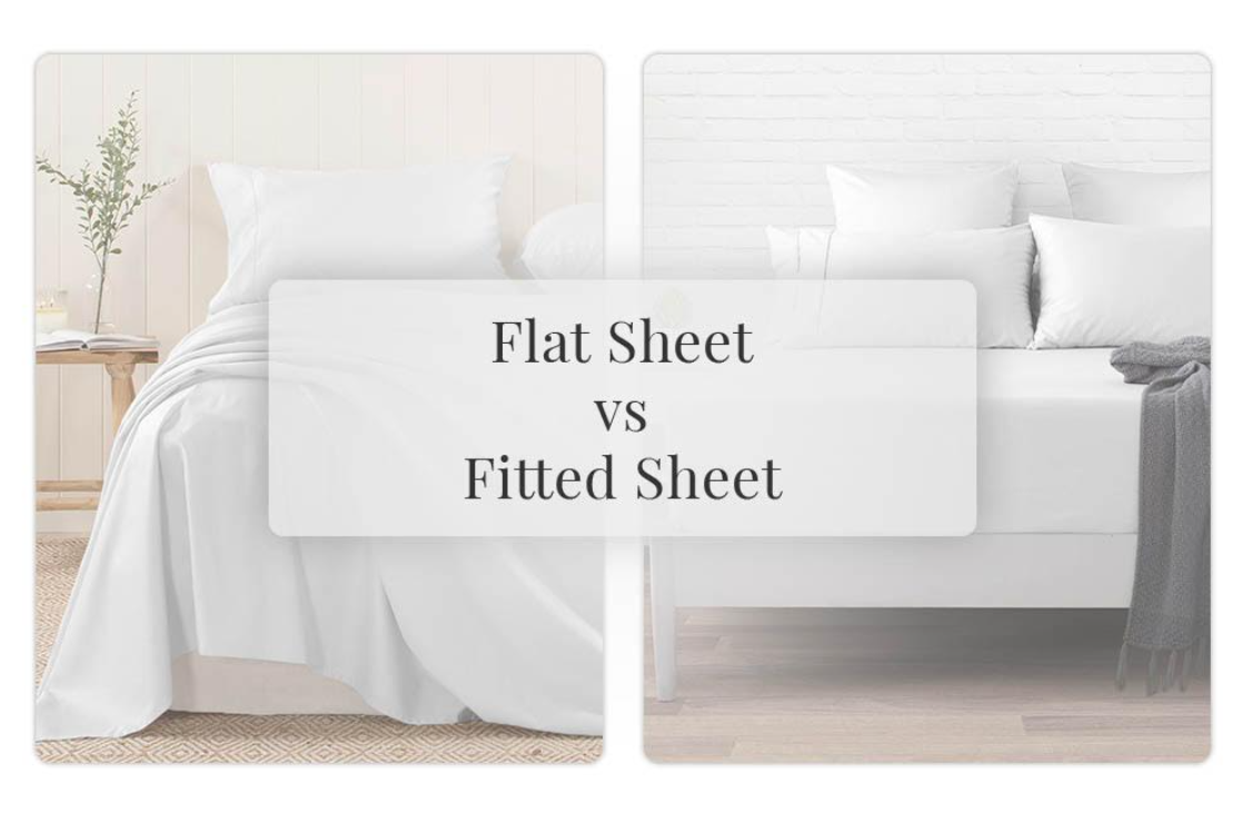 Pizuna flat sheet and fitted sheet displayed on separate beds to explain the difference