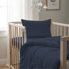 Cot bed with dark blue baby cotton duvet cover 100x135 cm