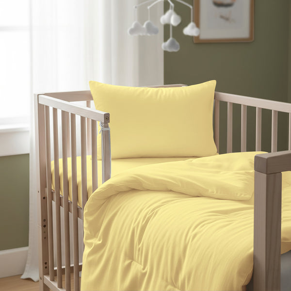 Cot bed with mellow yellow baby cotton duvet cover 100x135 cm