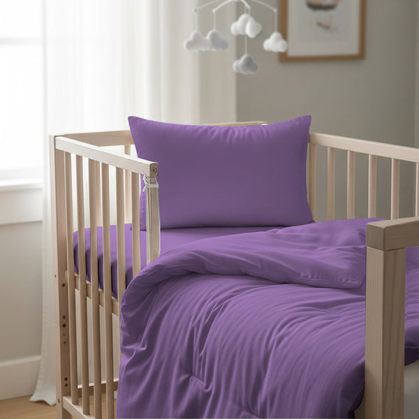 Cot bed with purple baby cotton duvet cover 100x135 cm