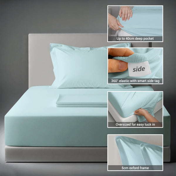 400 thread count bed sheet set single size baby blue cotton 3 piece with 40cm deep pockets and SmartSide tag