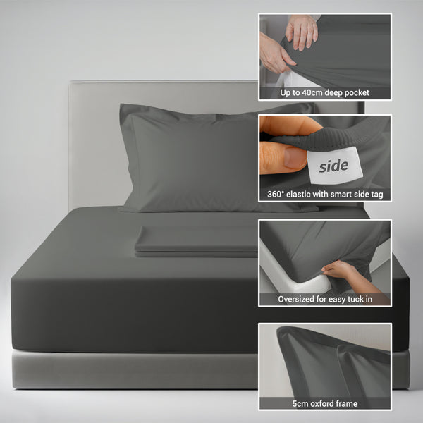 400 thread count bed sheet set single size dark grey cotton 3 piece with 40cm deep pockets and SmartSide tag