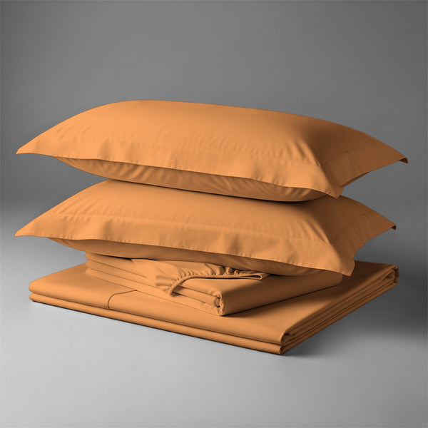 Pizuna Linens folded apricot orange cotton bed sheet set 400 thread count super king size 4 piece smooth and breathable