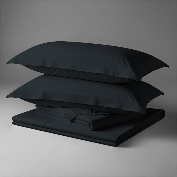 Pizuna Linens folded black cotton bed sheet set 400 thread count super king size 4 piece smooth and breathable