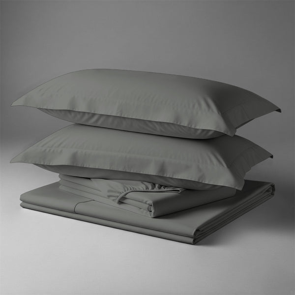 Pizuna Linens folded dark grey cotton bed sheet set 400 thread count double size 4 piece smooth and breathable