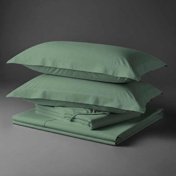Pizuna Linens folded hedge green cotton bed sheet set 400 thread count king size 4 piece smooth and breathable