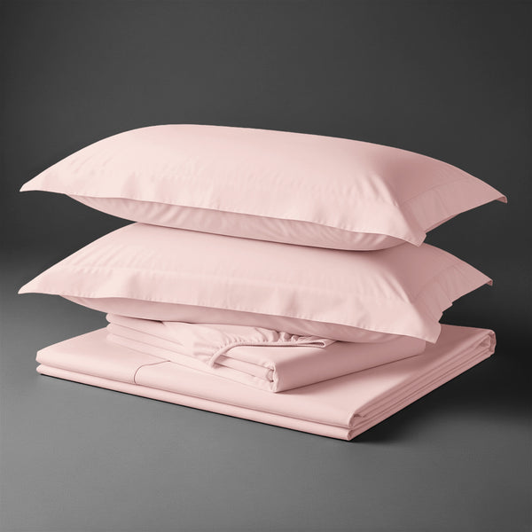 Pizuna Linens folded light pink cotton bed sheet set 400 thread count king size 4 piece smooth and breathable