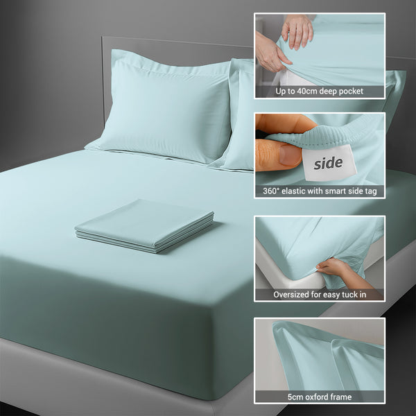 400 thread count bed sheet set king size baby blue cotton 4 piece with 40cm deep pockets and SmartSide tag