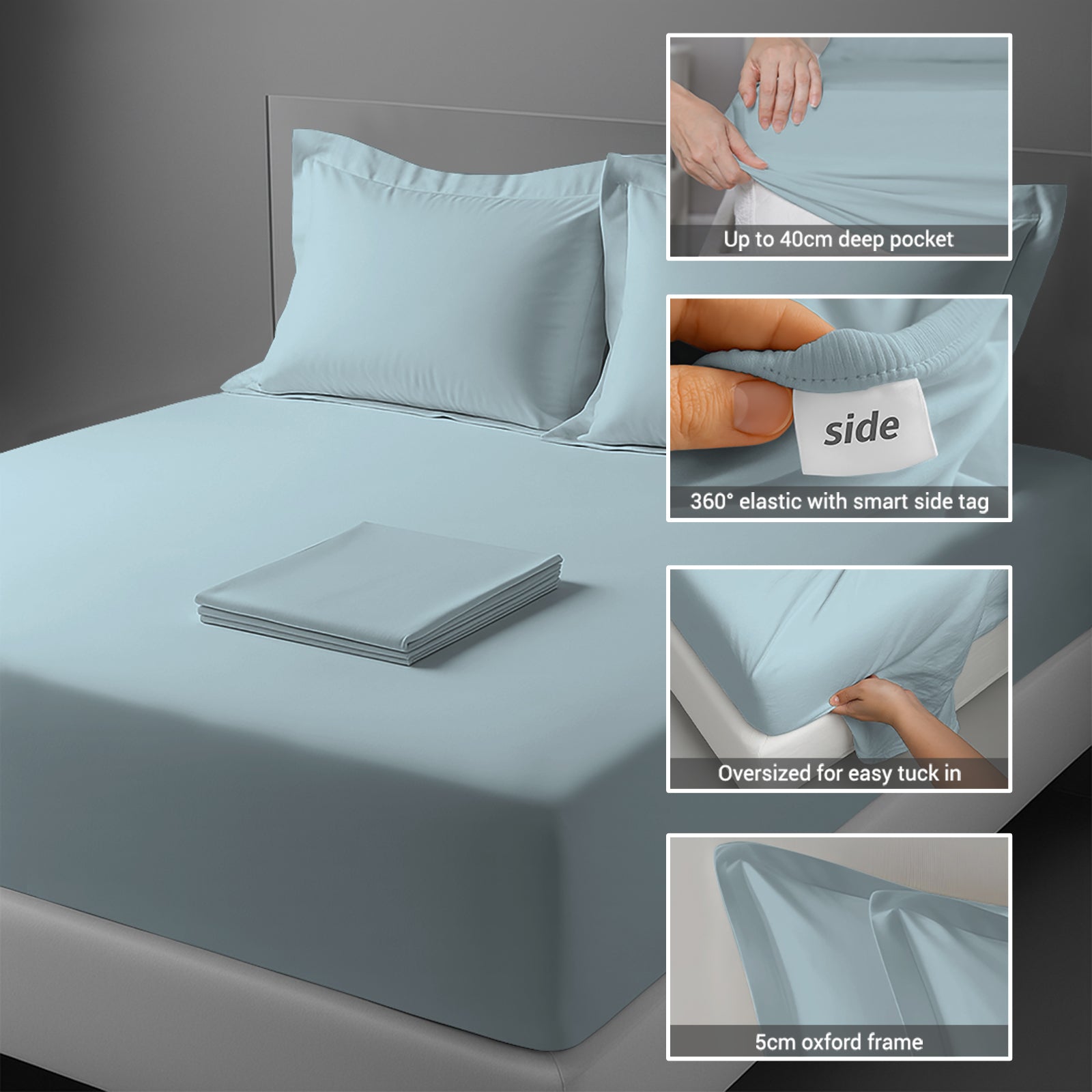 Baby Blue king percale bed sheet set 4PC flat and pillowcase plus fitted sheet with pocket 40cm 360 elastic side tag indicator
