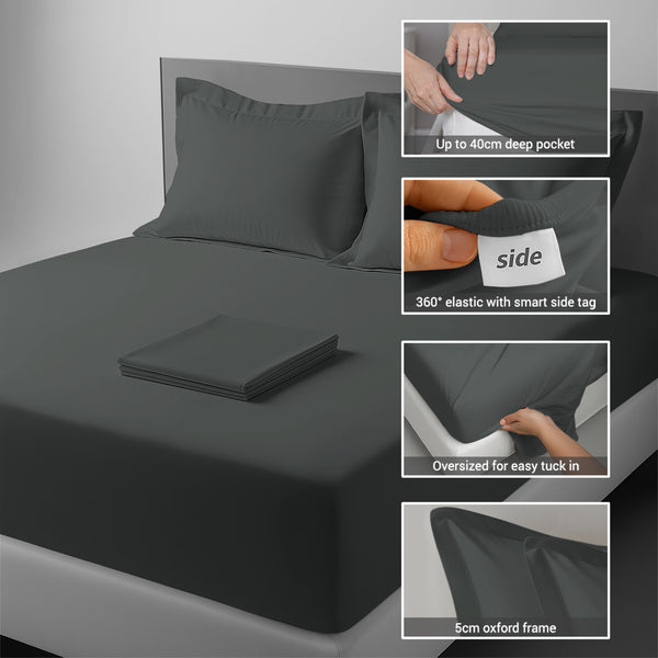 Dark Grey double percale bed sheet set 4PC flat and pillowcase plus fitted sheet with pocket 40cm 360 elastic side tag indicator
