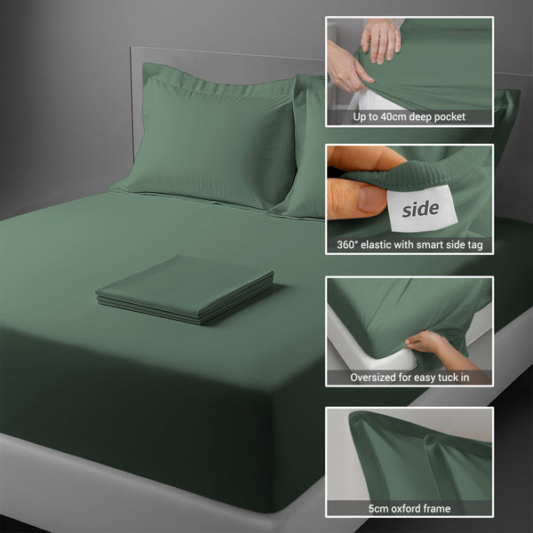 400 thread count bed sheet set king size hedge green cotton 4 piece with 40cm deep pockets and SmartSide tag