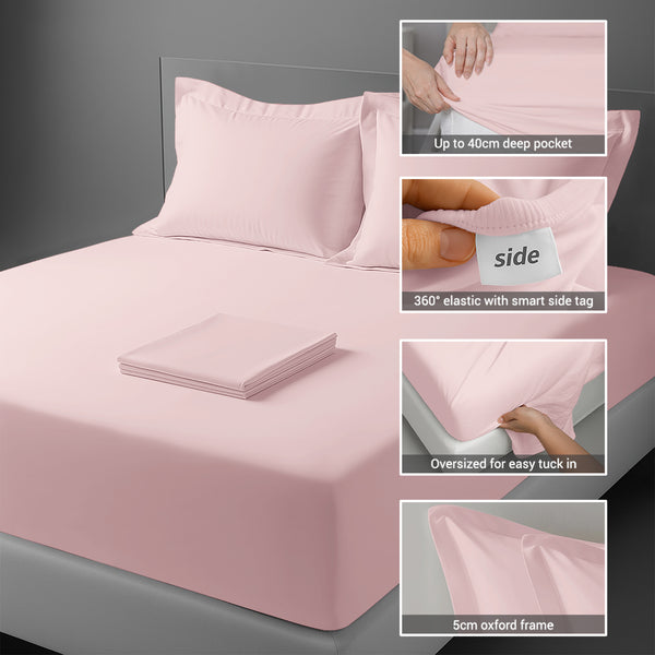 Light Pink king percale bed sheet set 4PC flat and pillowcase plus fitted sheet with pocket 40cm 360 elastic side tag indicator
