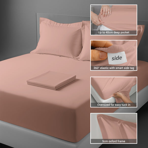 400 thread count bed sheet set super king size misty rose cotton 4 piece with 40cm deep pockets and SmartSide tag
