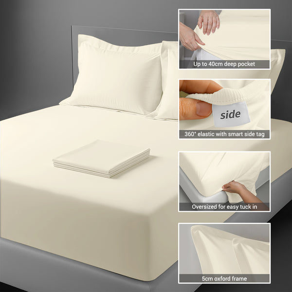 400 thread count bed sheet set super king size ivory cotton 4 piece with 40cm deep pockets and SmartSide tag