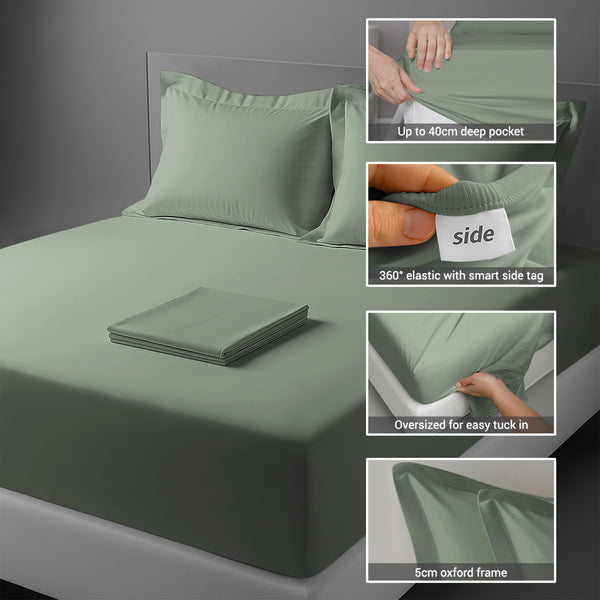 Sea Foam king percale bed sheet set 4PC flat and pillowcase plus fitted sheet with pocket 40cm 360 elastic side tag indicator
