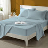 Bed styled in a bedroom with percale cotton Baby Blue 4 piece double size sheet set