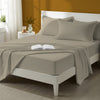 Bed styled in a bedroom with percale cotton Simply Taupe 4 piece double size sheet set
