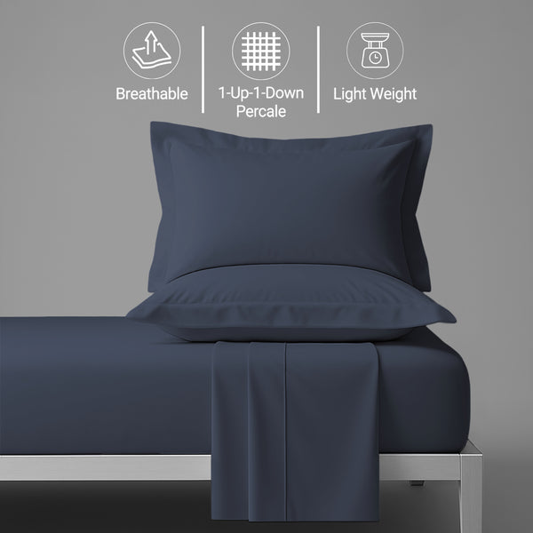 Percale double size Dark Blue sheet set 4 piece lightweight crisp feel soft and breathable
