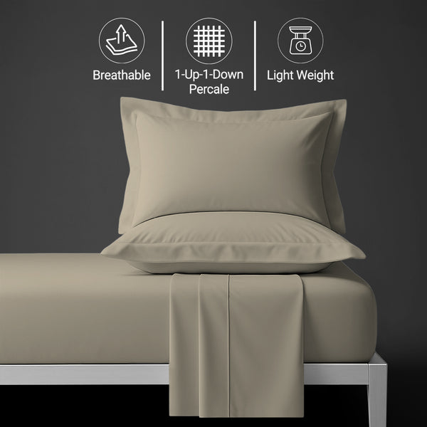 Percale king size Simply Taupe sheet set 4 piece lightweight crisp feel soft and breathable
