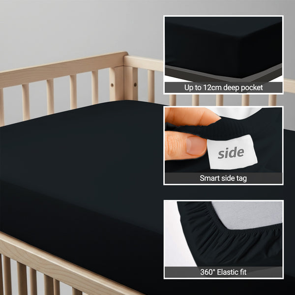 Cot bed fitted sheet Black 40x90 cm 1 piece 15 cm deep pocket Smart Side tag 360 elastic fit