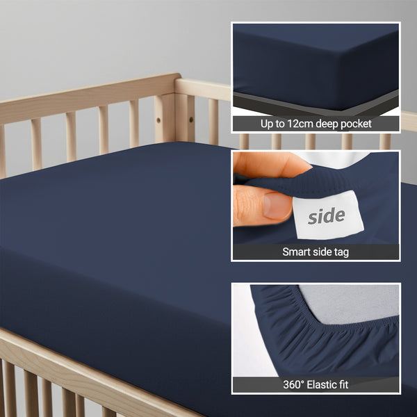 Cot bed fitted sheet Dark Blue 40x90 cm 1 piece 15 cm deep pocket Smart Side tag 360 elastic fit