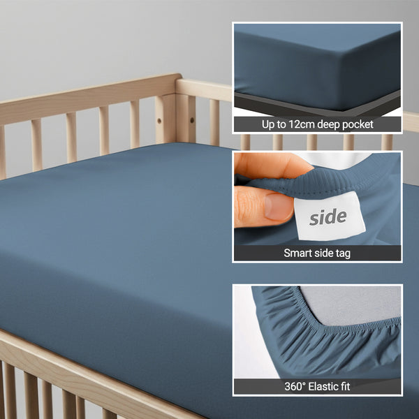 Cot bed fitted sheet Dusty Blue 40x90 cm 1 piece 15 cm deep pocket Smart Side tag 360 elastic fit