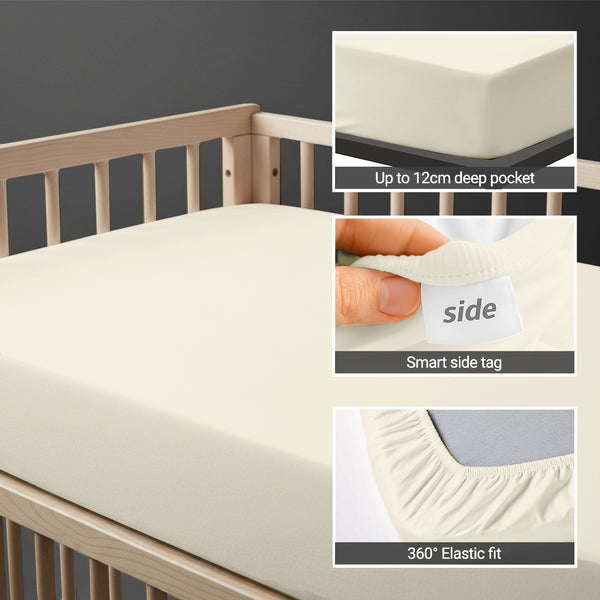 Cot bed fitted sheet Ivory 40x90 cm 1 piece 15 cm deep pocket Smart Side tag 360 elastic fit