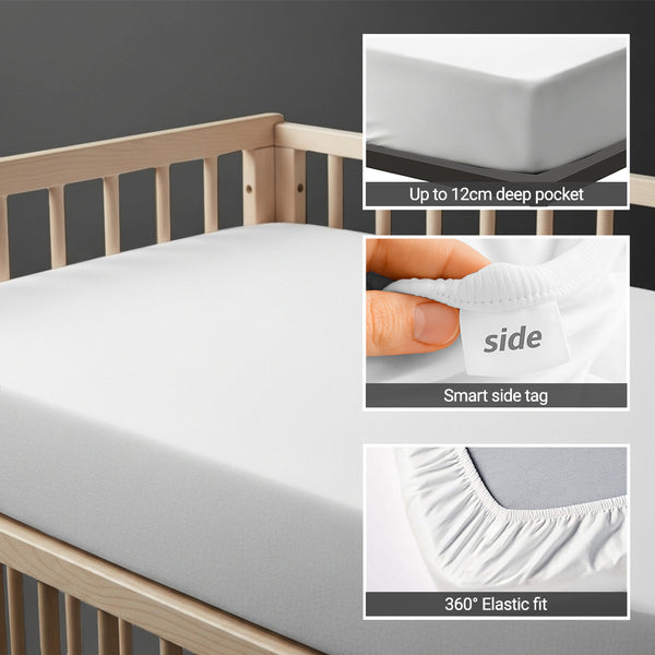 Cot bed fitted sheet White 40x90 cm 1 piece 15 cm deep pocket Smart Side tag 360 elastic fit