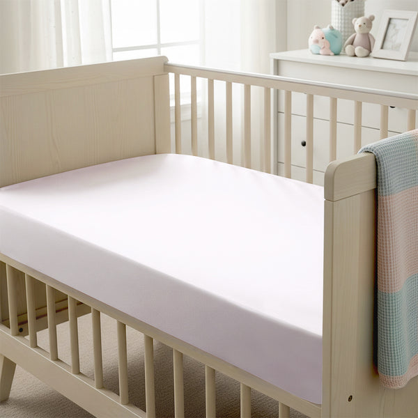 Baby cot setup with 40x90cm Light Lilac cot fitted sheet moisture wicking and gentle on skin
