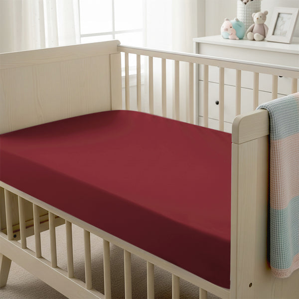 Baby cot setup with 40x90cm Rio Red cot fitted sheet moisture wicking and gentle on skin