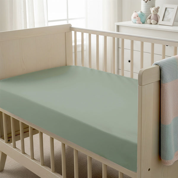 Baby cot setup with 40x90cm Sea Foam cot fitted sheet moisture wicking and gentle on skin
