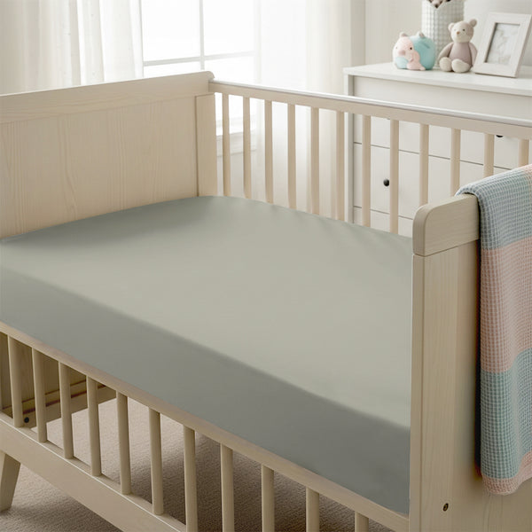 Baby cot setup with 40x90cm Silver cot fitted sheet moisture wicking and gentle on skin