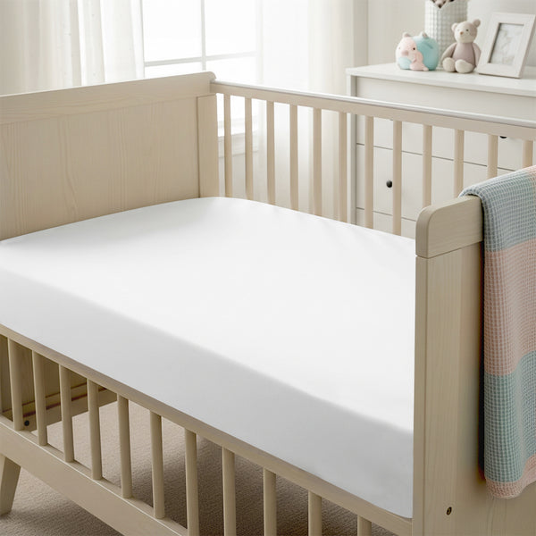 Baby cot setup with 40x90cm White cot fitted sheet moisture wicking and gentle on skin