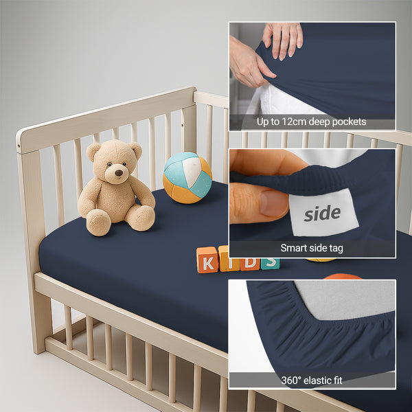 Cotton Crib fitted sheet Dark Blue 40x90 cm 1 piece 12 cm deep pocket Smart Side tag 360 elastic fit