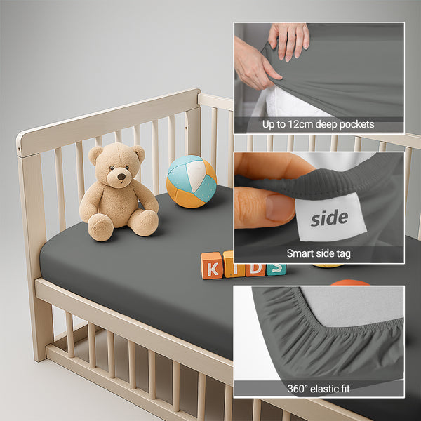 Cotton Crib fitted sheet Dark Grey 40x90 cm 1 piece 12 cm deep pocket Smart Side tag 360 elastic fit