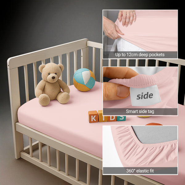 Cotton Crib fitted sheet Light Pink 40x90 cm 1 piece 12 cm deep pocket Smart Side tag 360 elastic fit