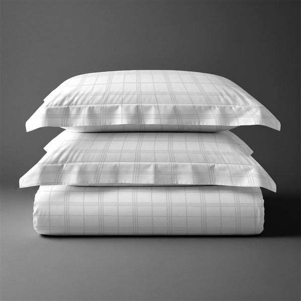 Folded Pizuna 100 percent cotton white checks 3 piece duvet cover set double 300 thread count damask bedding