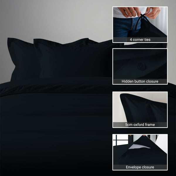 Pizuna black king cotton duvet cover 3 piece 1000 thread count with hidden button closure and corner ties plus oxford pillowcases