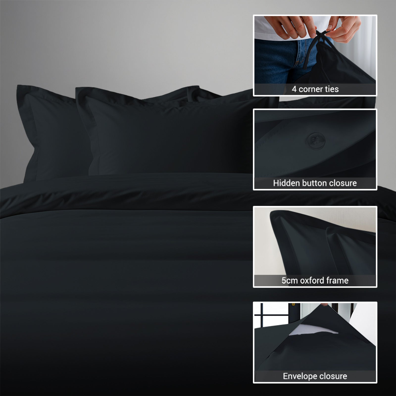 Pizuna Linens king size cotton duvet cover with hidden button closure corner ties and Oxford pillowcases