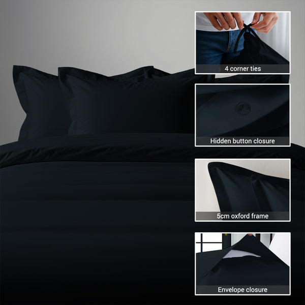 3 piece 600 thread count black cotton duvet cover double size with hidden button closure and 4 corner tie