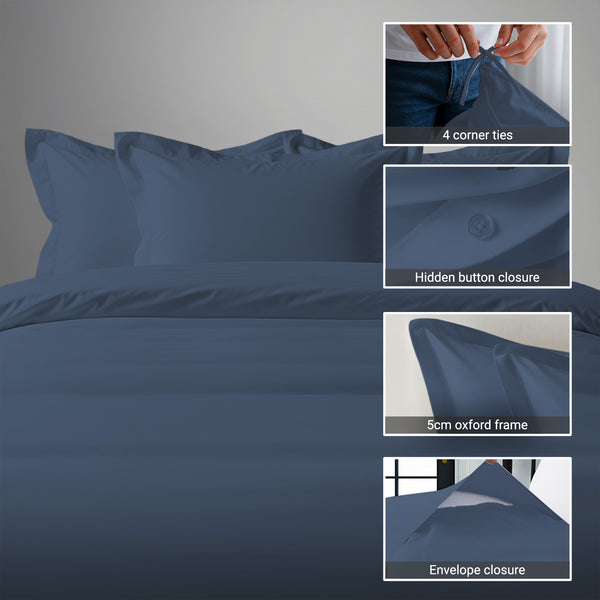 Pizuna dark blue super king cotton duvet cover 3 piece 1000 thread count with hidden button closure and corner ties plus oxford pillowcases