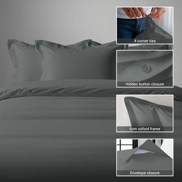 Dark grey double cotton percale duvet cover 3 piece with hidden button closure and 4 corner ties
