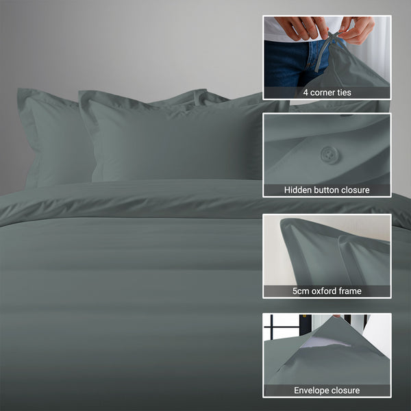 Pizuna dark grey double cotton duvet cover 3 piece 1000 thread count with hidden button closure and corner ties plus oxford pillowcases