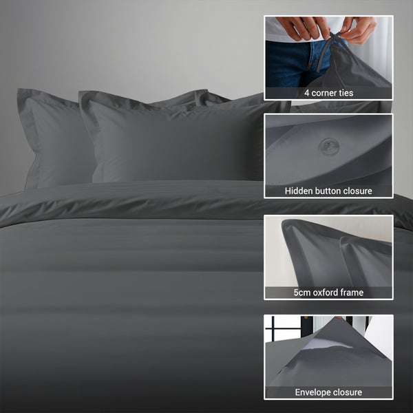 3 piece 600 thread count dark grey cotton duvet cover emperor size with hidden button closure and 4 corner tie