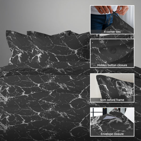 Marble black king size 400 thread count cotton duvet cover with hidden button closure corner ties and Oxford pillowcases weave