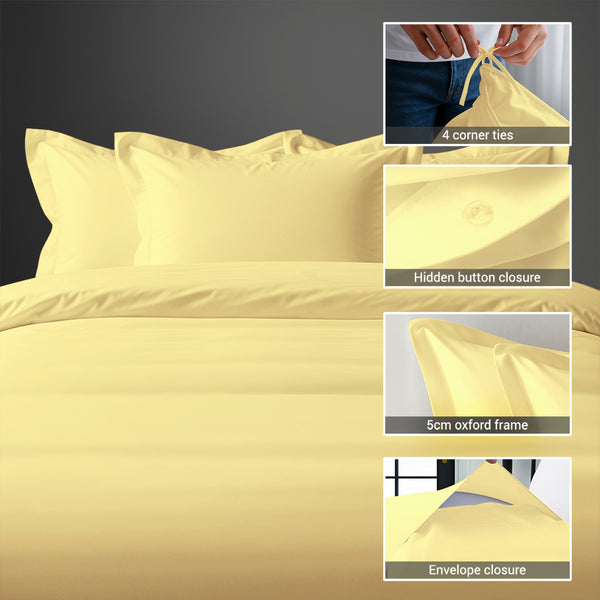 Mellow yellow cotton duvet cover with hidden button closure corner ties and Oxford pillowcases