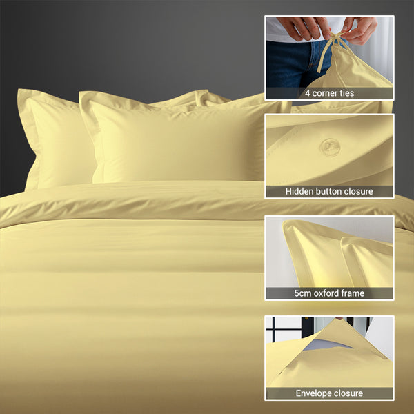 3 piece 600 thread count mellow yellow cotton duvet cover emperor size with hidden button closure and 4 corner tie