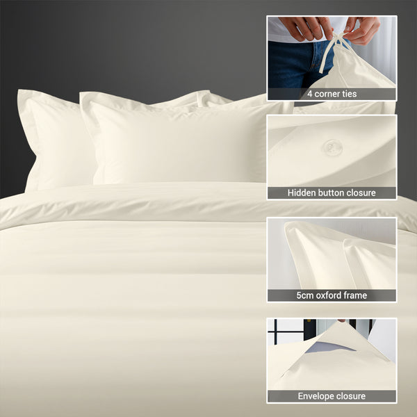 3 piece 600 thread count ivory cotton duvet cover double size with hidden button closure and 4 corner tie